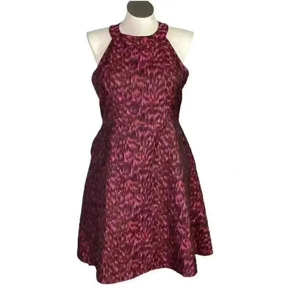 Calvin Klein Cocktail Dress Women 14 Black Red Jacquard A Line Fit Flare Halter - Picture 1 of 8